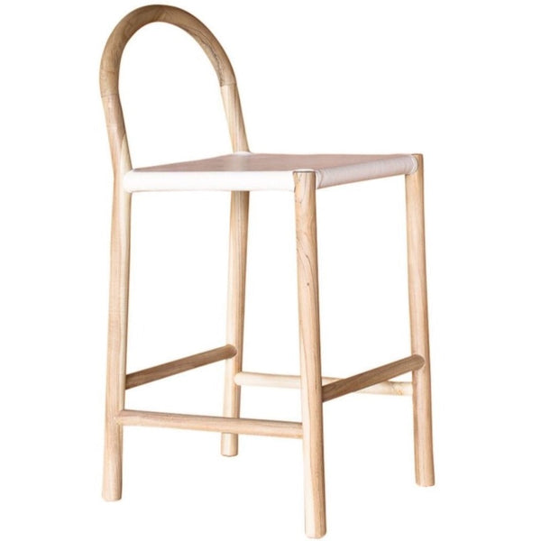 Julia Barstool, White Leather w/ Natural Teak Wood
