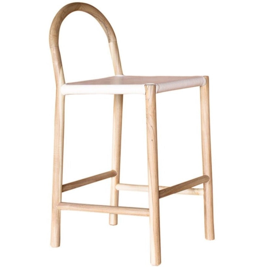 Julia Barstool, White Leather w/ Natural Teak Wood Anna Hislop Home