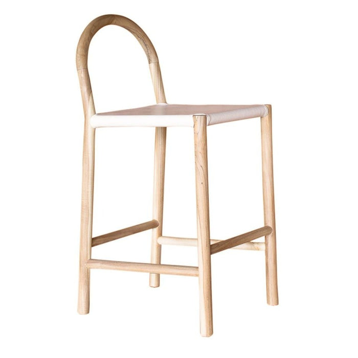 Julia Counter Stool, White Leather w/ Natural Teak Wood